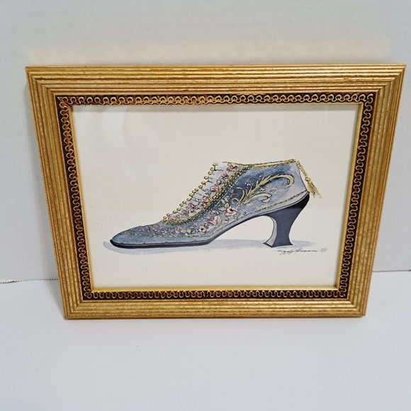 Peggy Abrams Watercolor Print Fancy Antique Shoe Gold Frame - Picture 3 of 3